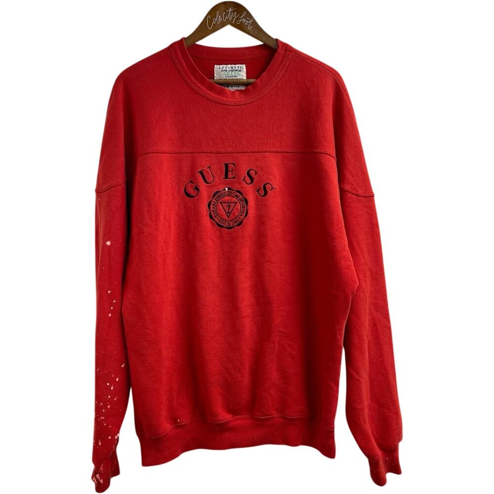 Guess Crewneck Sweatshirt Red Sewn Vintage XL Bleach Distressed